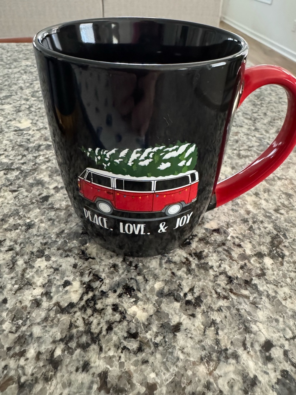 Christmas Holiday Camper Van Ceramic Mug - Peace, Love, Joy! Black and Red.